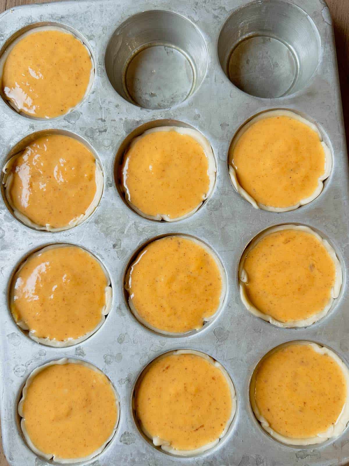 Pie dough and pie filling in muffin cups.