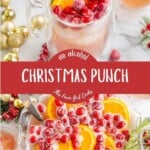 No alcohol Christmas punch in a glass and a punch bowl.