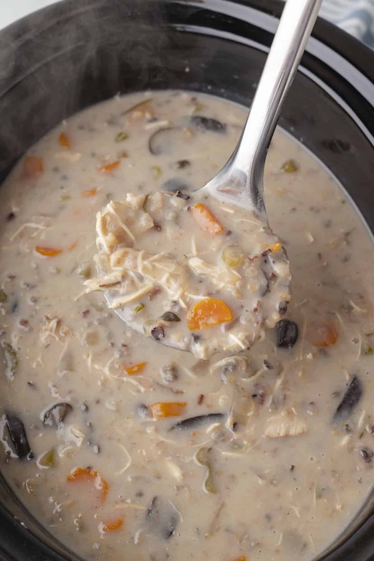 A ladle full of creamy chicken and rice soup.
