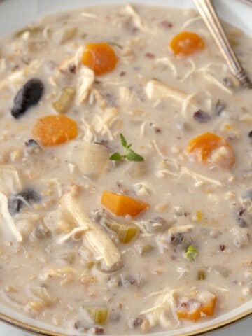 A bowl of creamy chicken soup with carrots, mushrooms and wild rice.