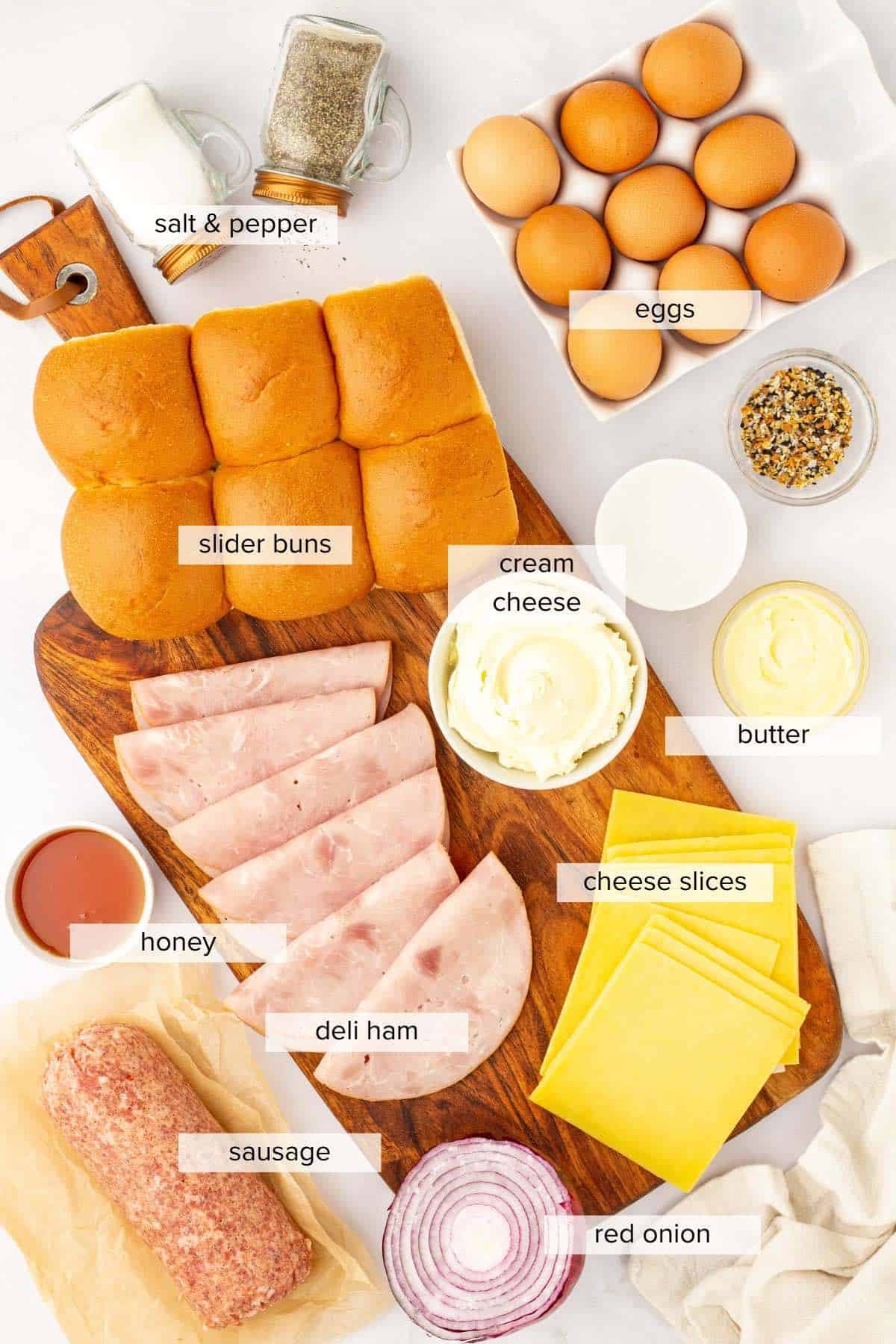 Ingredients to make ham breakfast sliders.