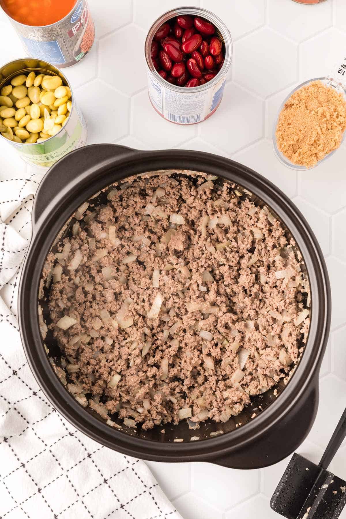 Browned hamburger and onion in a Dutch oven.