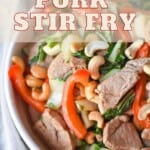 Keto pork stir fry in a bowl for pinterest.