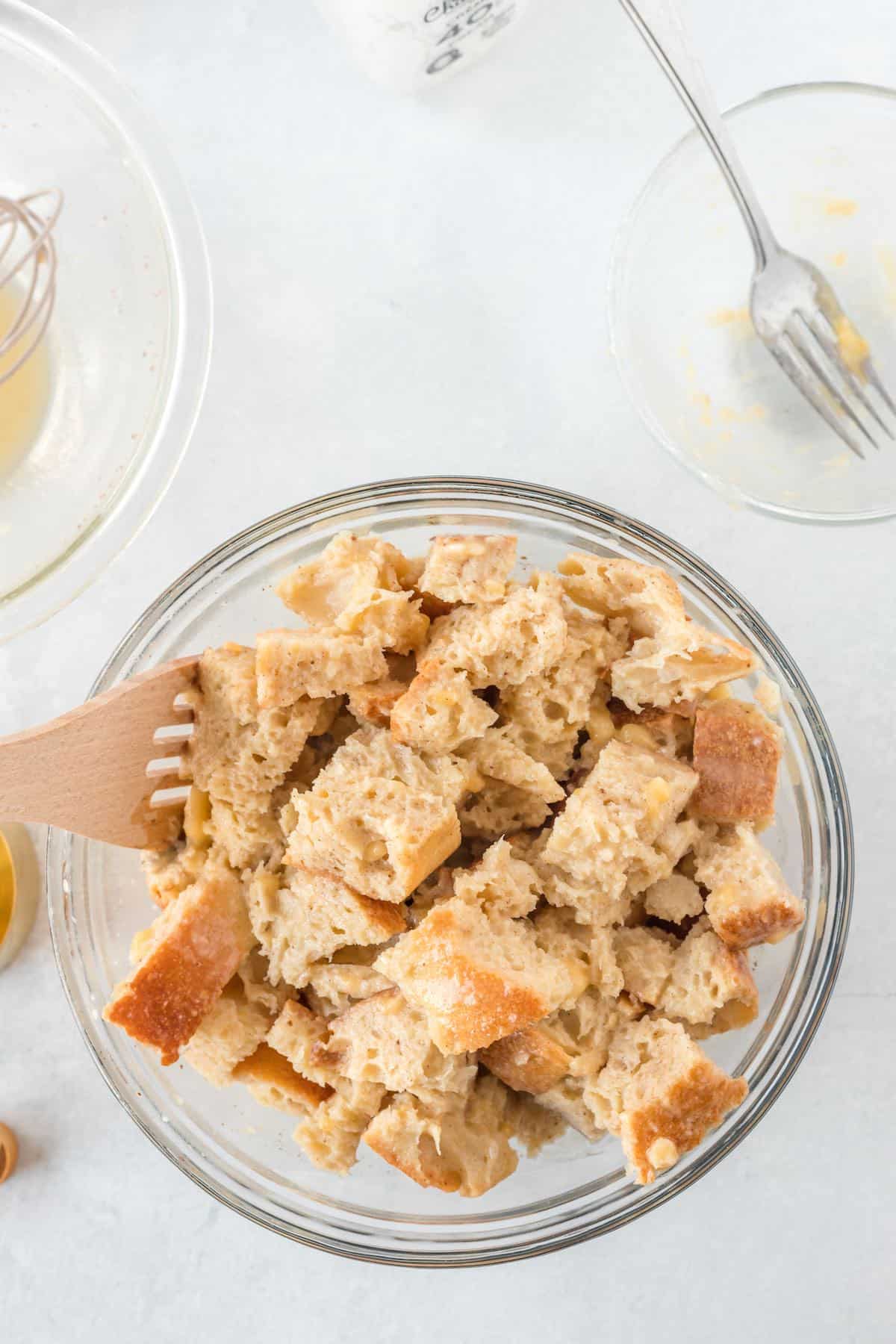 Cubed bread pieces soaked in an egg custard.