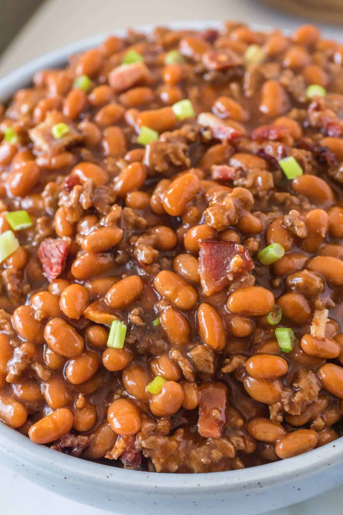 Hamburger baked beans in a pot topped with sliced green onions.