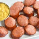 Air fryer kielbasa bites with mustard.