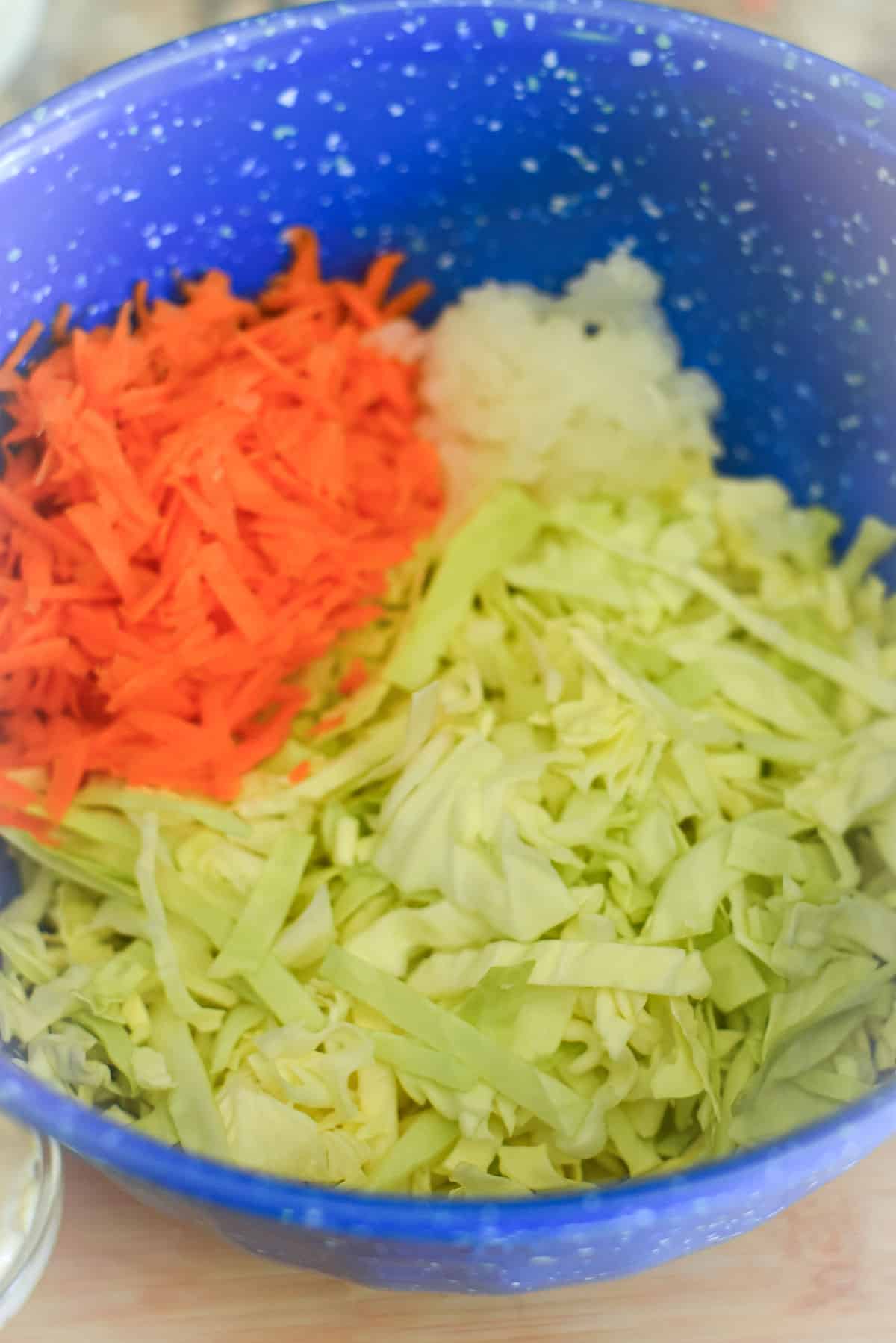 Shredded cabbage, carrot and grated onion in a bowl.