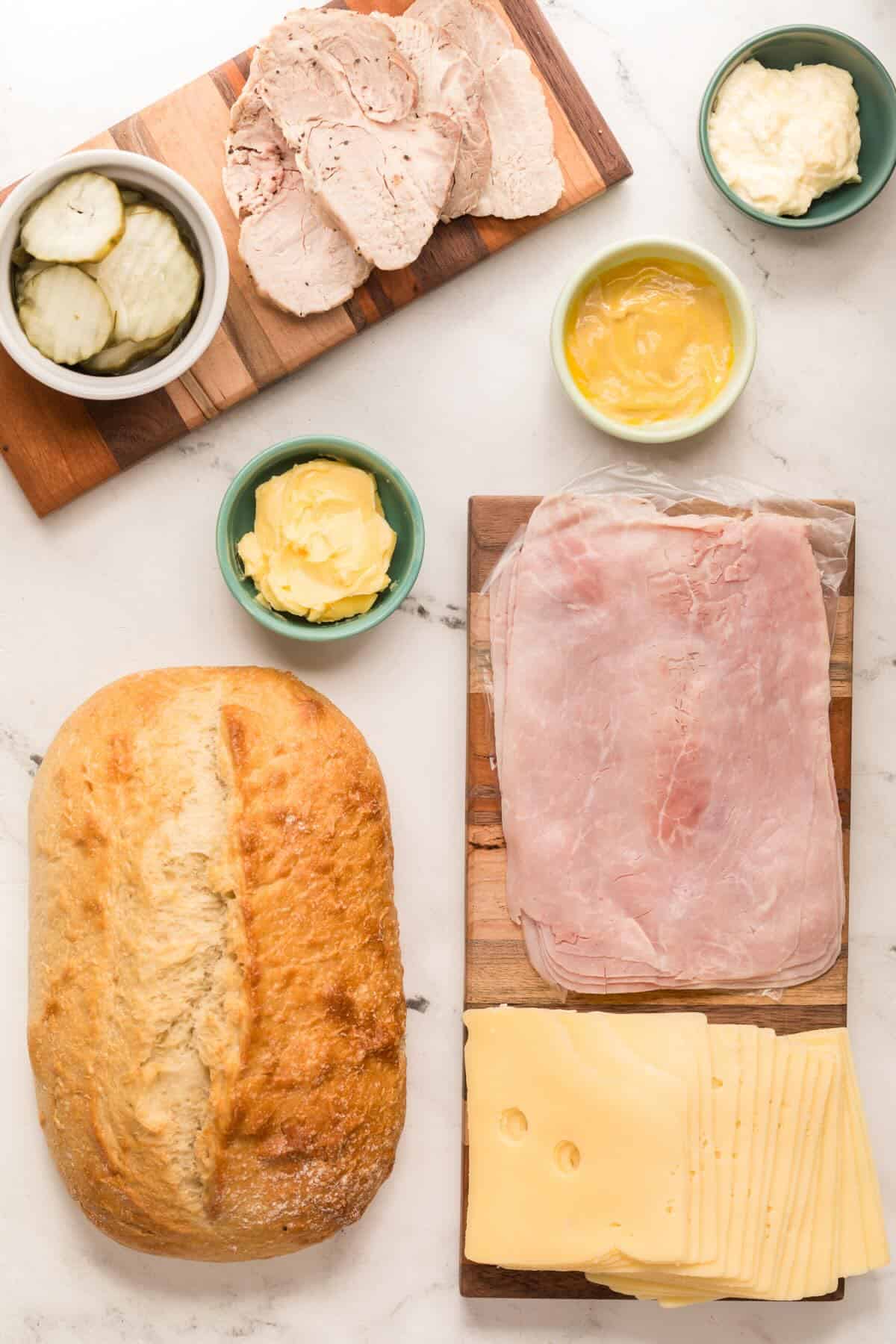 Ingredients to make a Cubano sandwich.