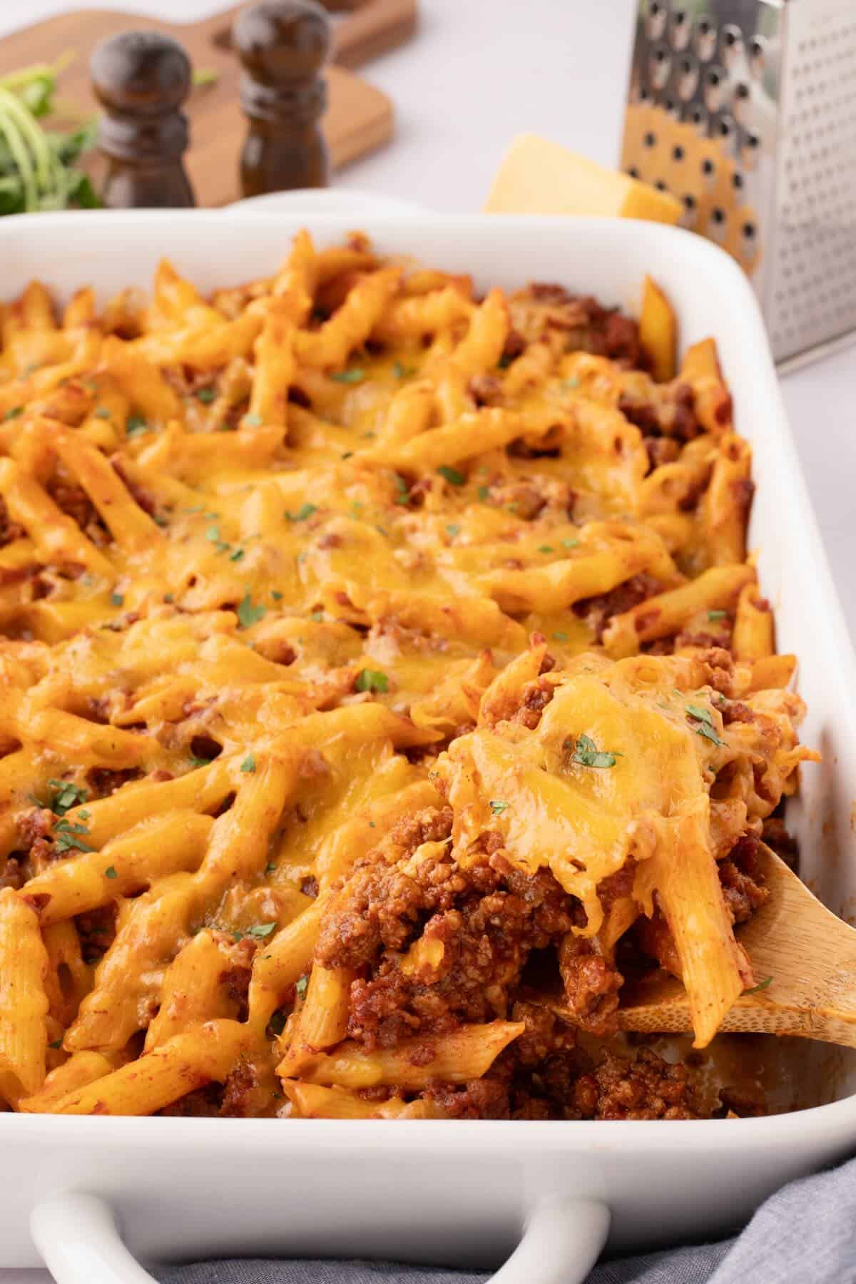 A large spoonful of hearty sloppy joe casserole.