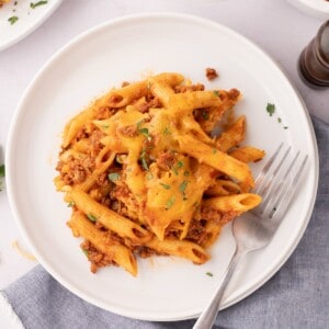 A plate of penne pasta sloppy joe casserole.