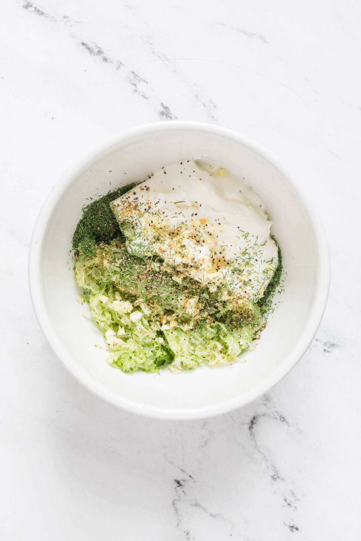 Cucumber dip with grated cucumber and Greek yogurt.