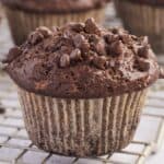 A close-up of a moist and fluffy double chocolate banana muffin with gooey chocolate chips on top.