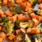 Golden-brown roasted broccoli and sweet potatoes fresh out of the oven.