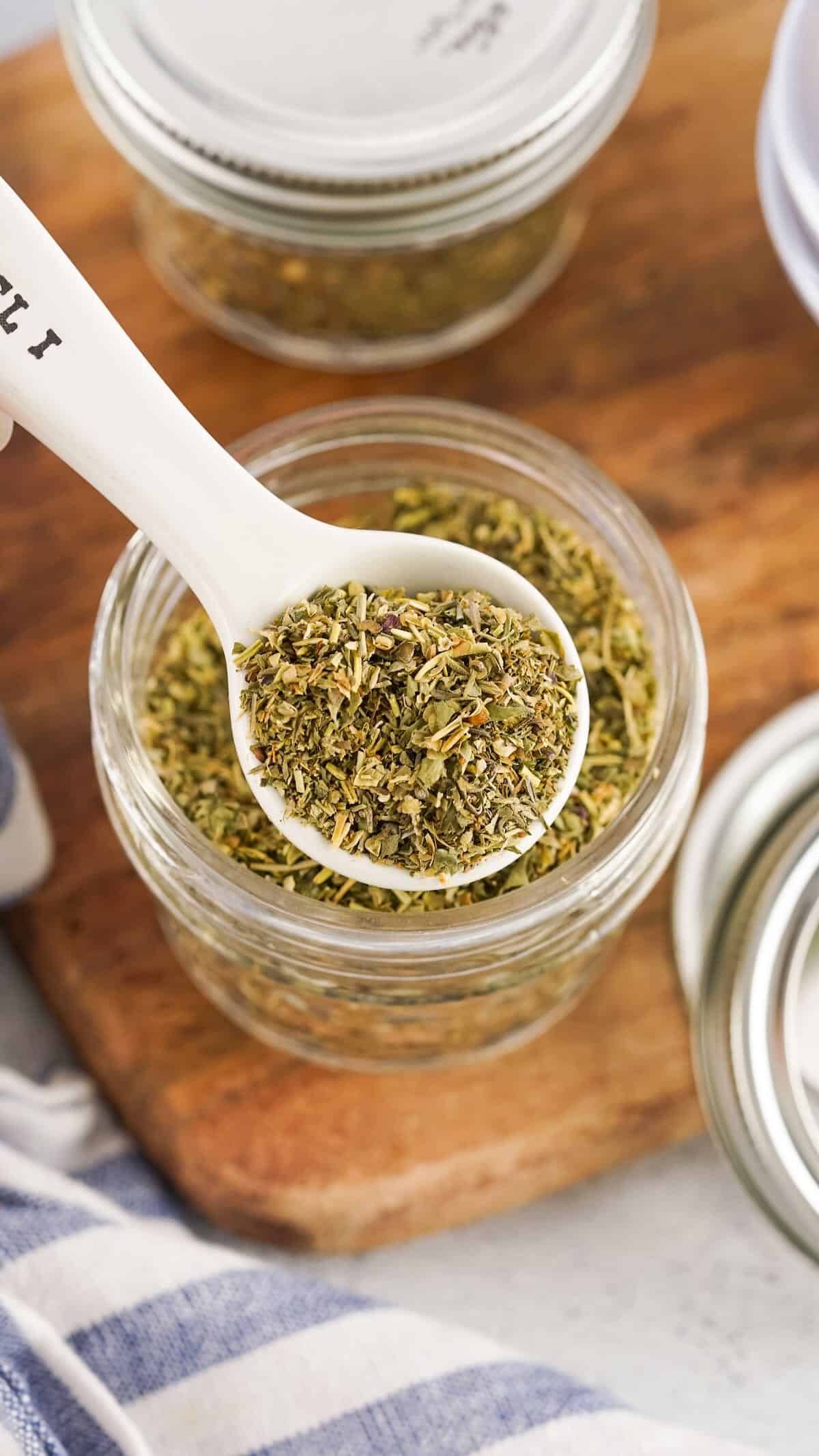 A spoonful of homemade Italian seasoning blend.