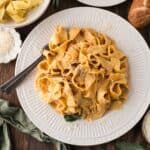A plate full of wide noodles coated in a creamy pumpkin sauce.