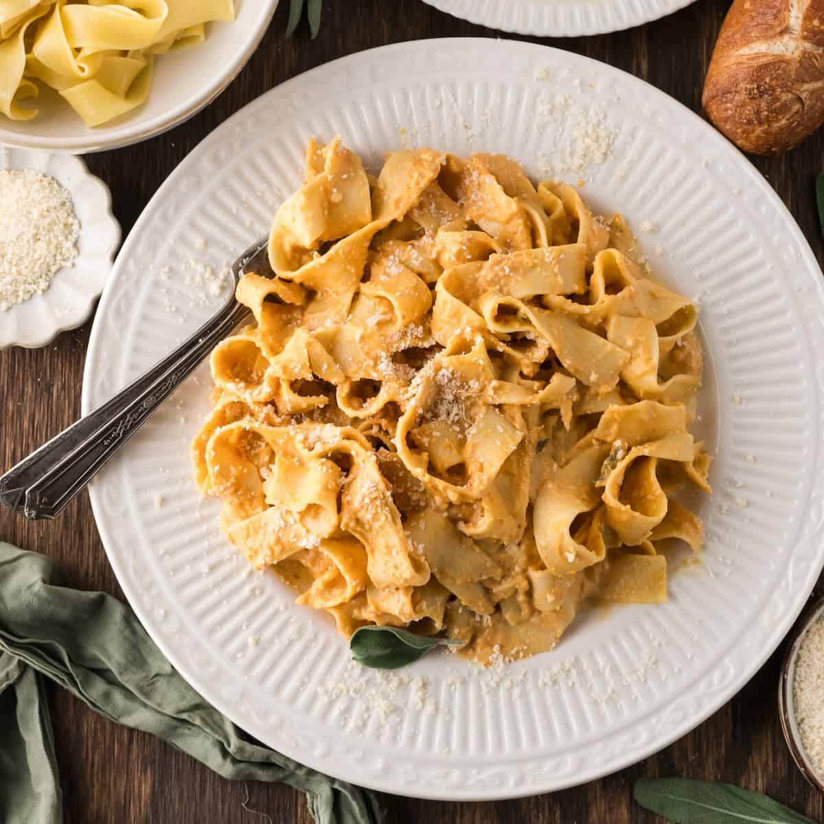 A plate full of wide noodles coated in a creamy pumpkin sauce.