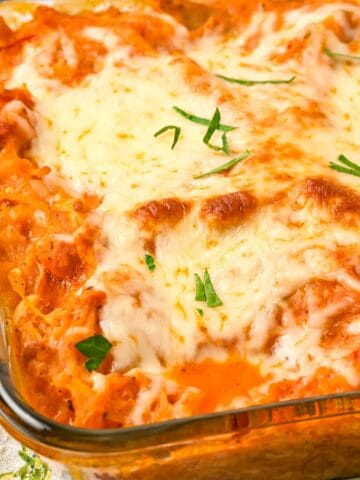 Close-up of cheesy Million Dollar Spaghetti Squash casserole.