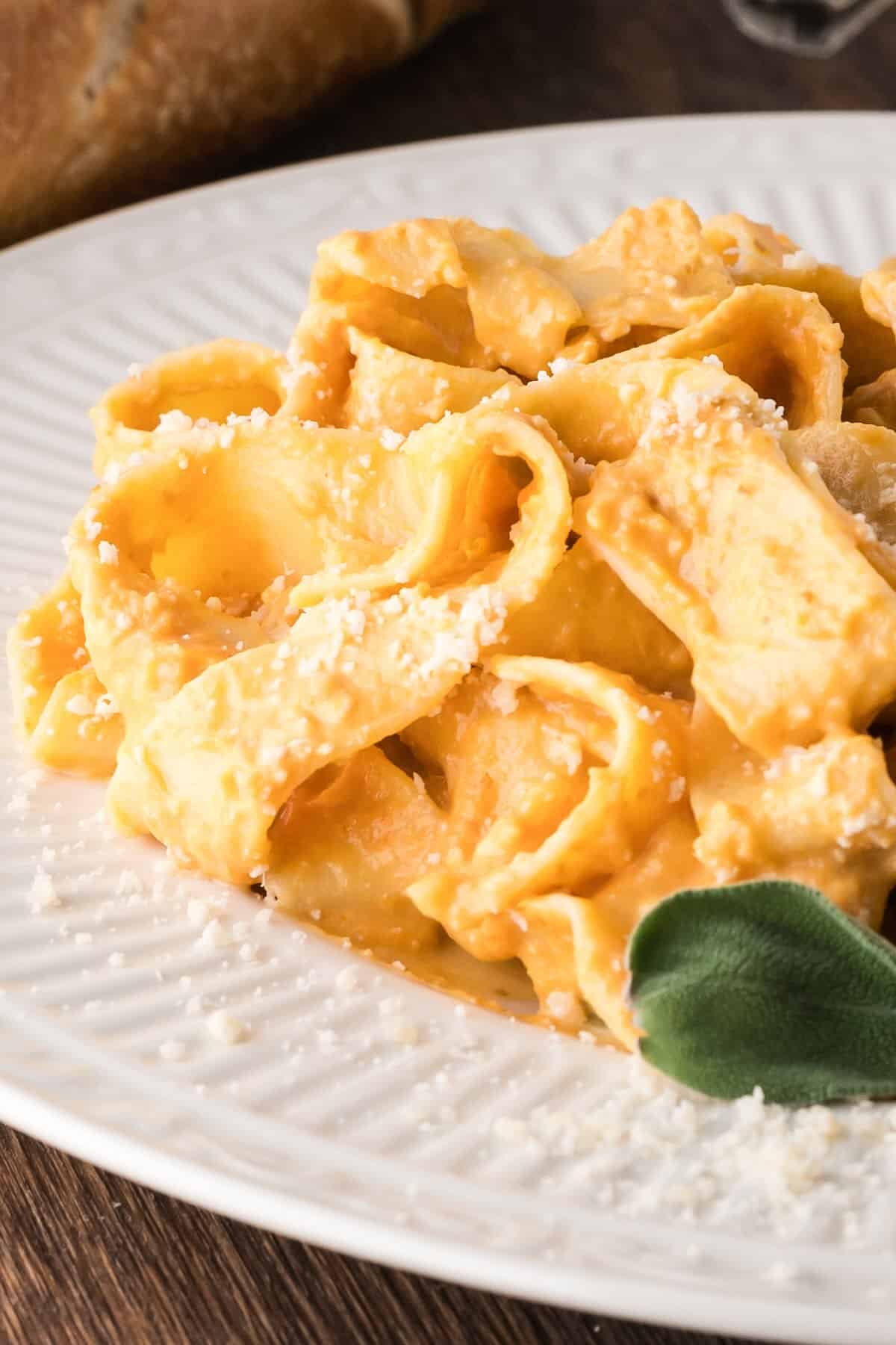 A bowl of ribbon pasta coated in a creamy pumpkin sauce.