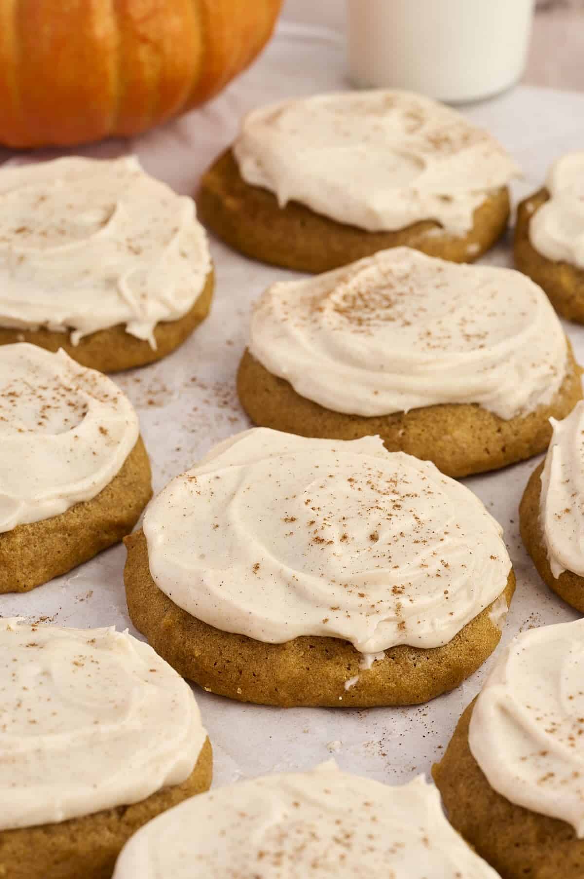 Soft pumpkin cookies with cream cheese frosting