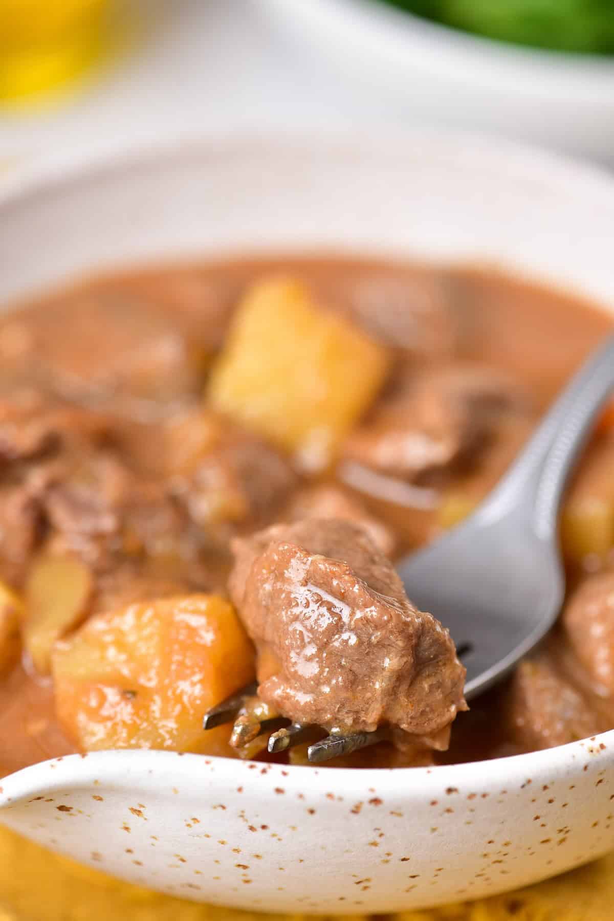 Close up of venison stew with tender meat and vegetables.