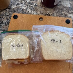 Turkey and peanut butter and jelly sandwiches for the freezer.