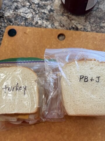 Turkey and peanut butter and jelly sandwiches for the freezer.