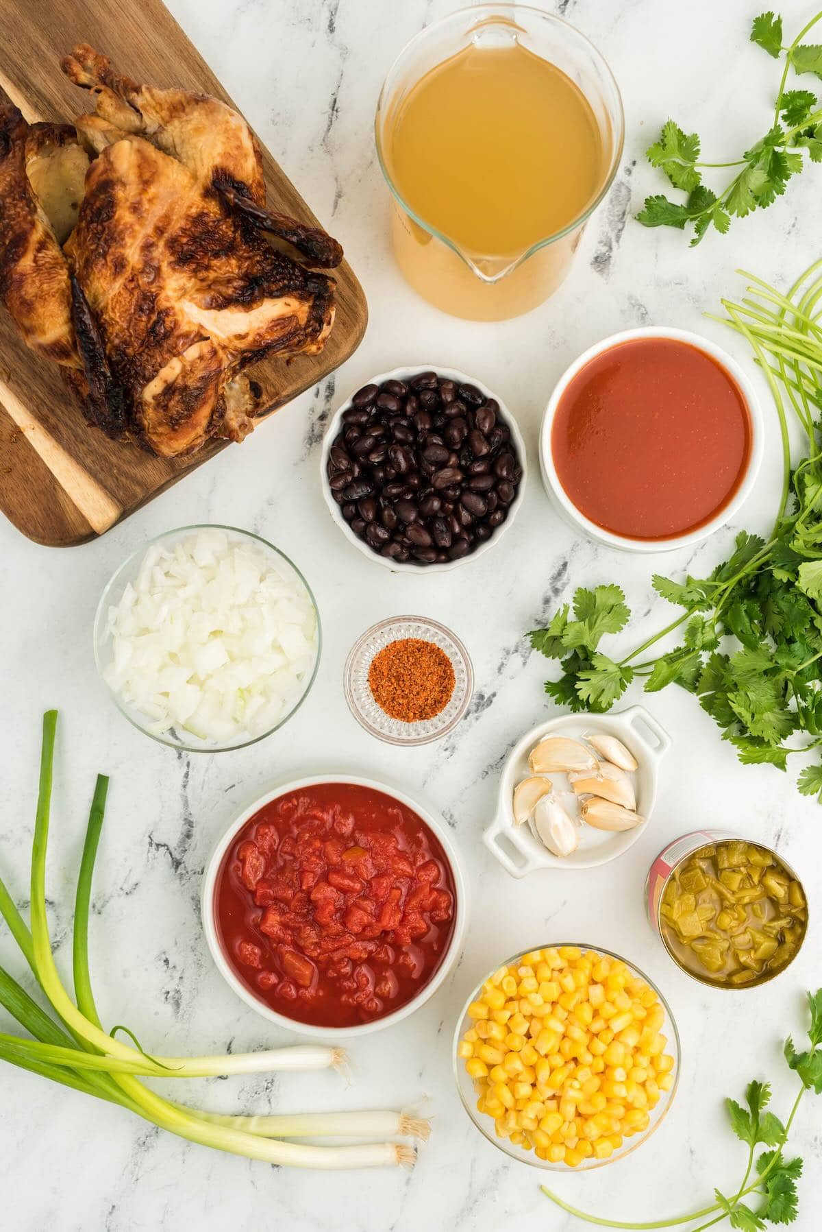 Overhead shot of ingredients for chicken tortilla soup including chicken, beans, corn, and enchilada sauce.