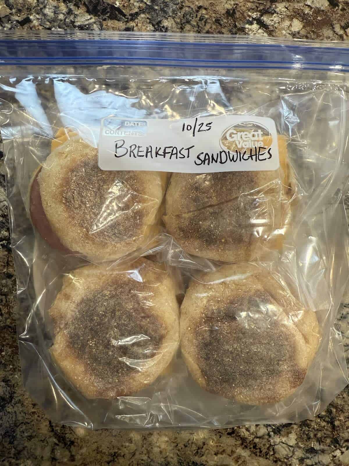 Breakfast sandwiches wrapped and put into a freezer bag for make ahead breakfasts.