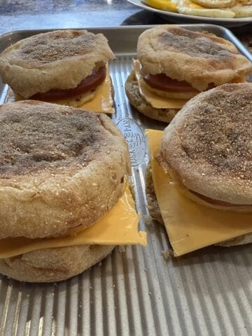 A tray of homemade breakfast sandwiches.
