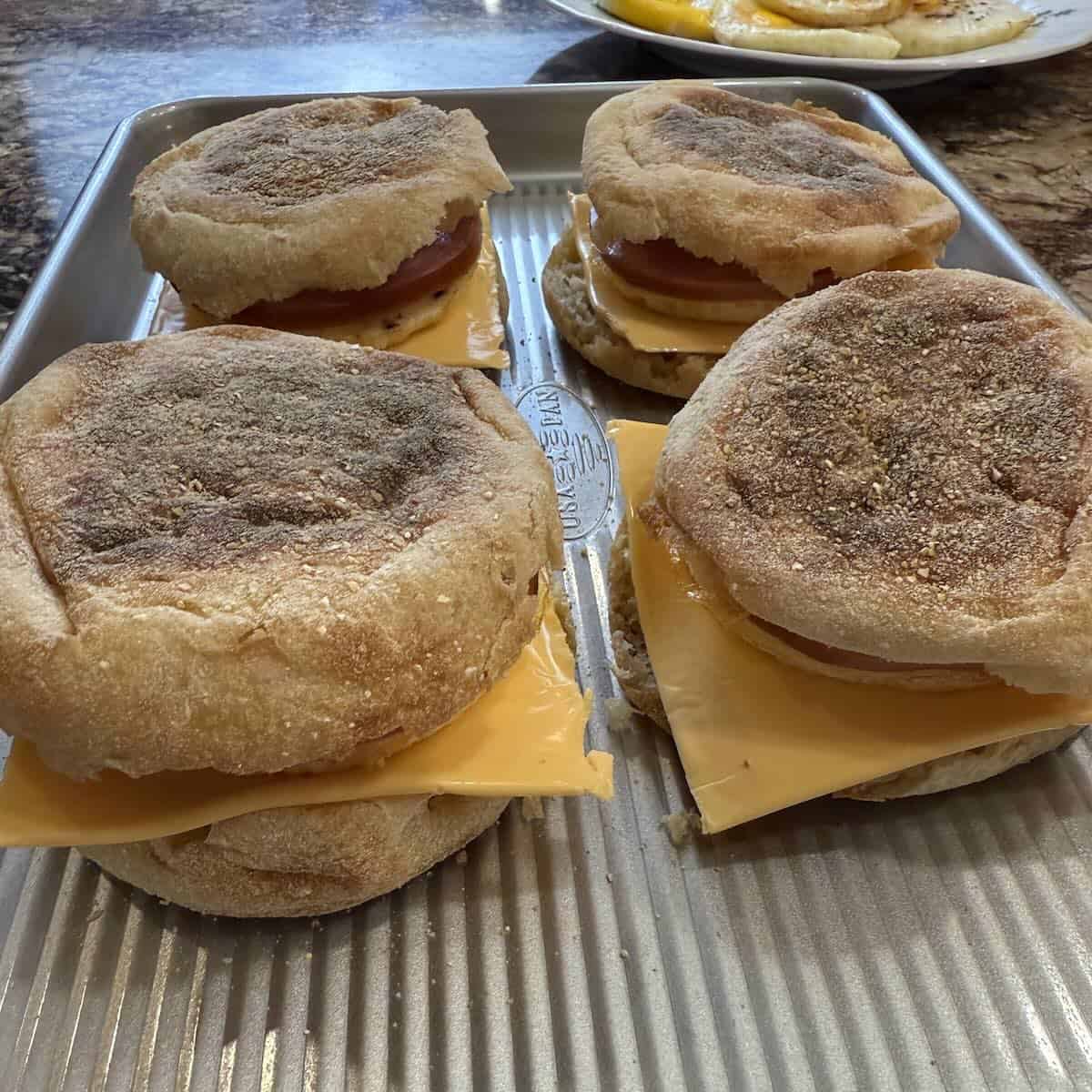A tray of homemade breakfast sandwiches.