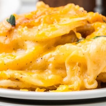 Close-up of creamy, cheesy layers of scalloped potatoes showing melted cheddar.