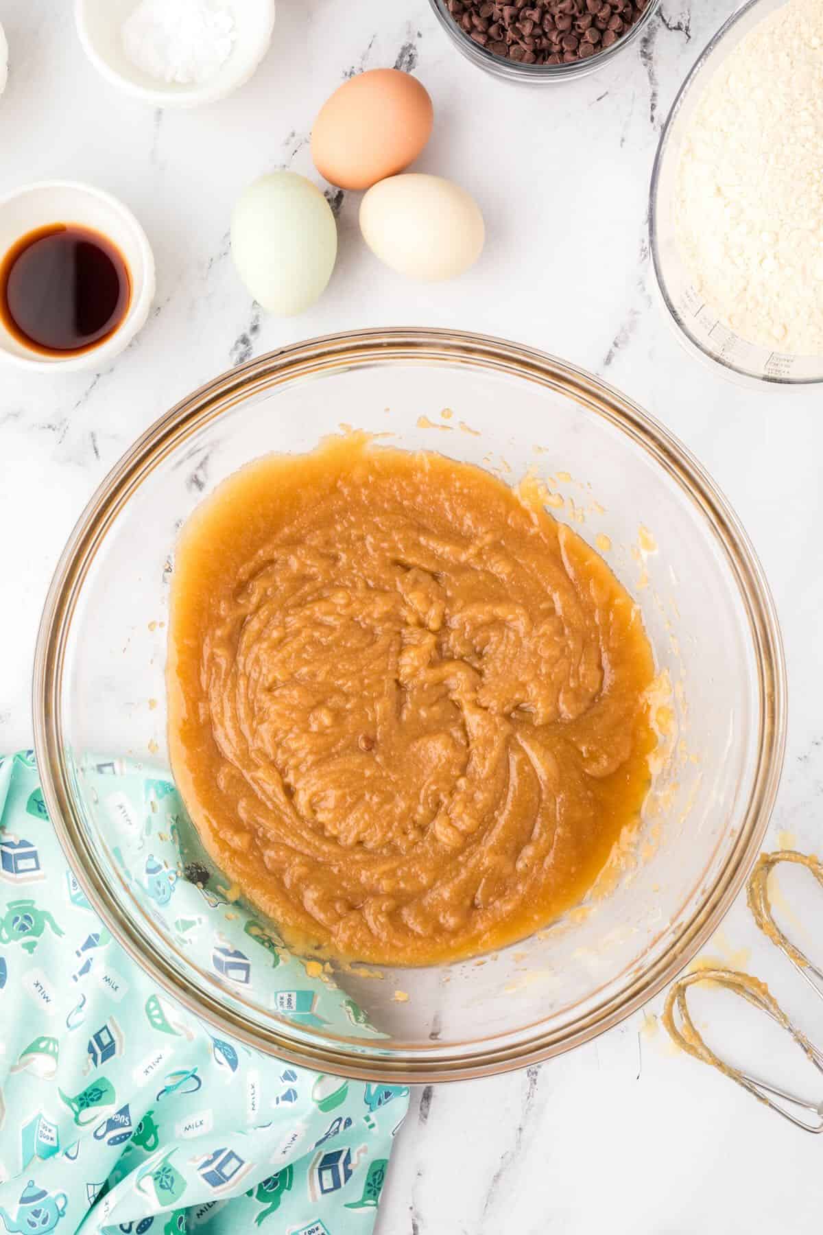 Brown butter and sugars mixed in a bowl.