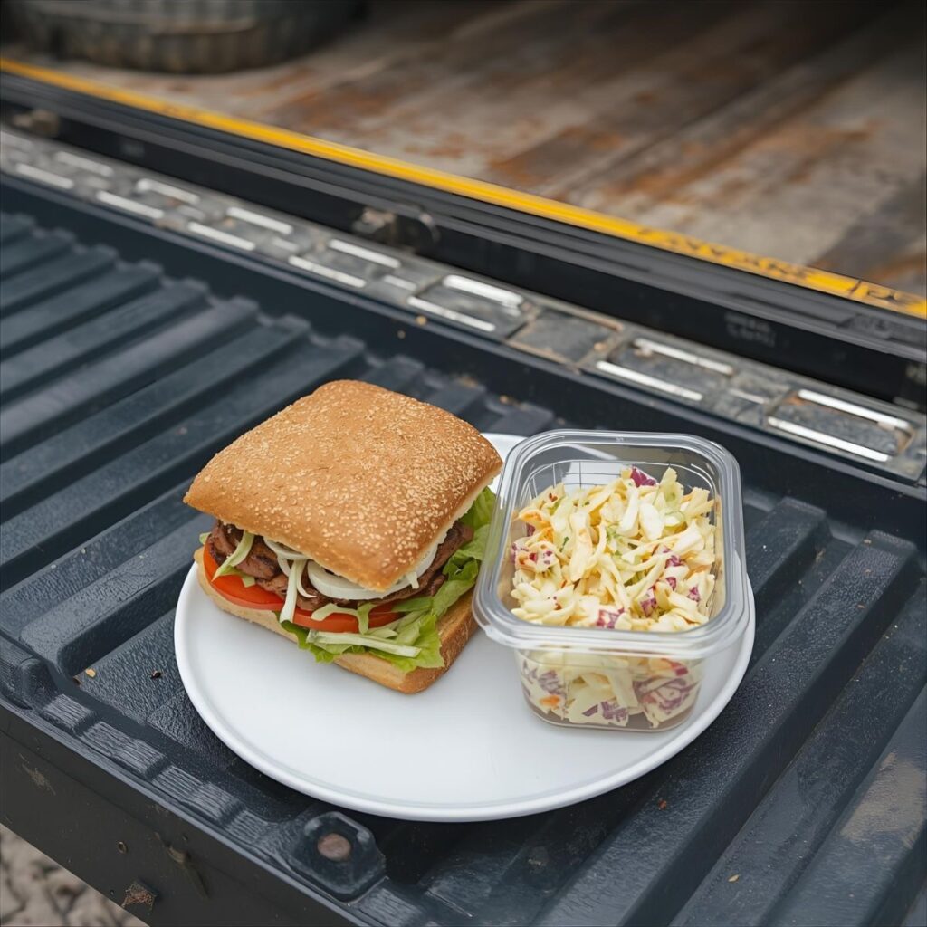 A cold sandwich and coleslaw on a truck tailgate.