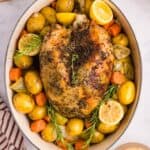 A roasted bone-in turkey breast in a roasting pan with herbs, lemon and vegetables.
