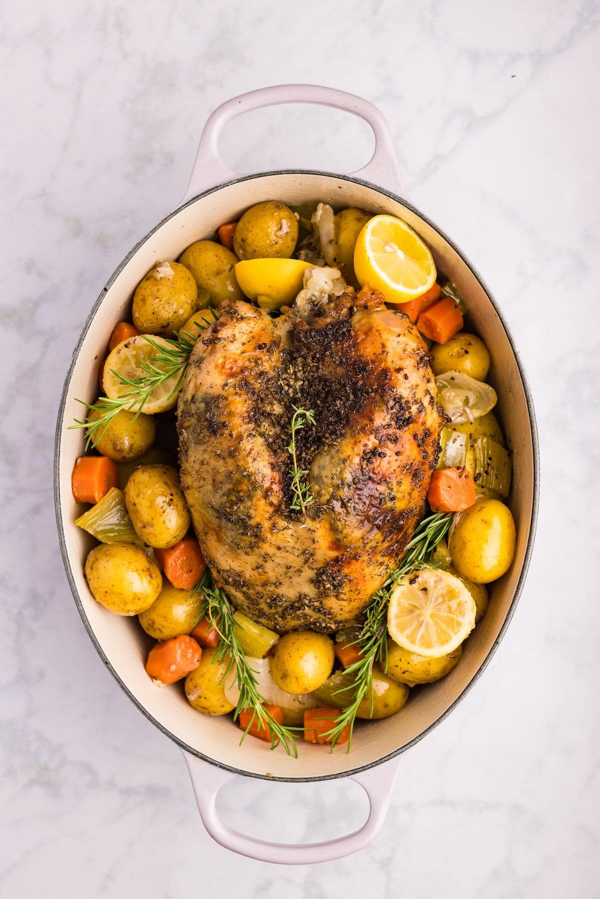 Perfectly roasted bone-in turkey breast with crispy golden skin resting in a pan surrounded by tender roasted vegetables.