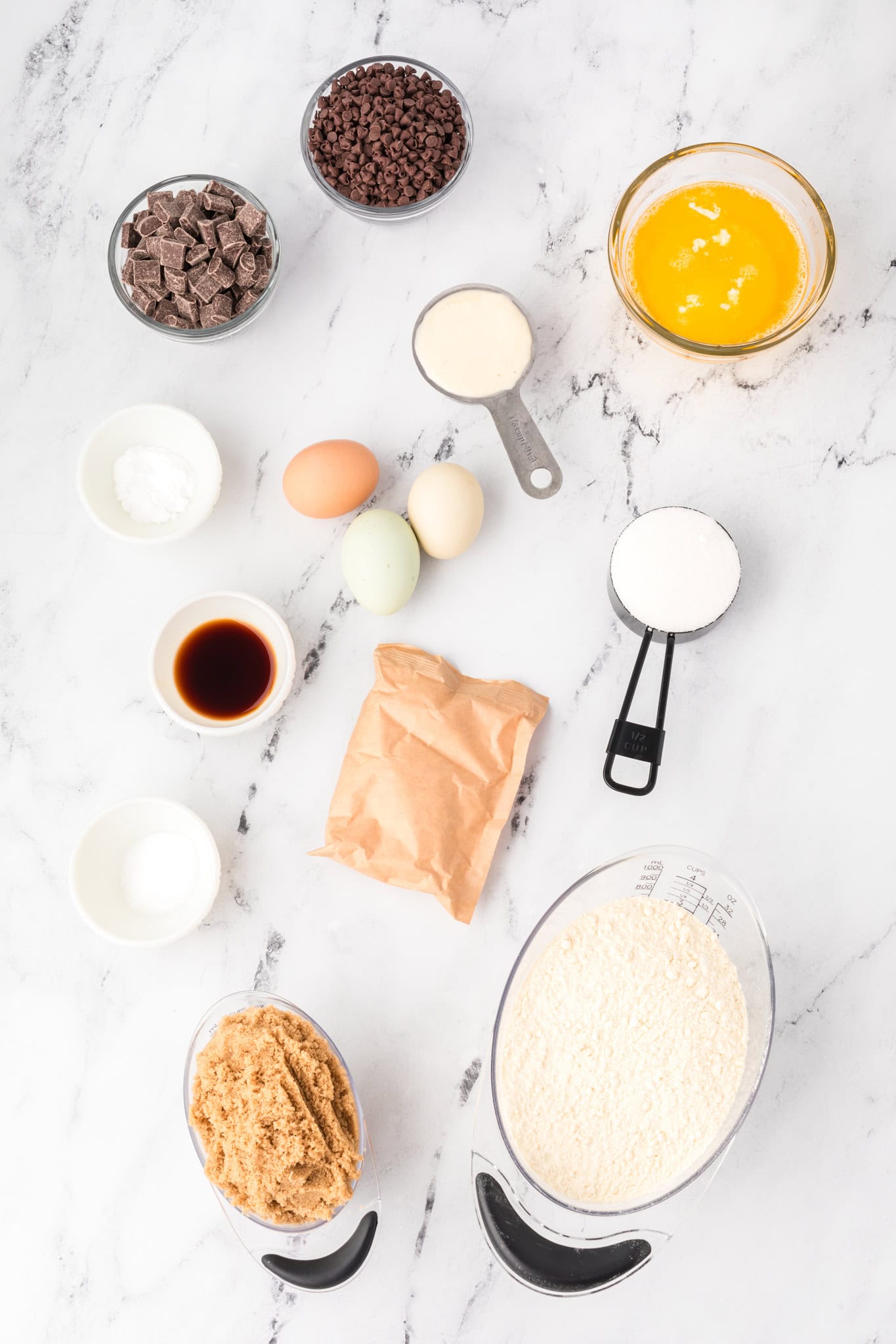 Ingredients to make the ultimate chocolate chip cookies with sourdough and brown butter.