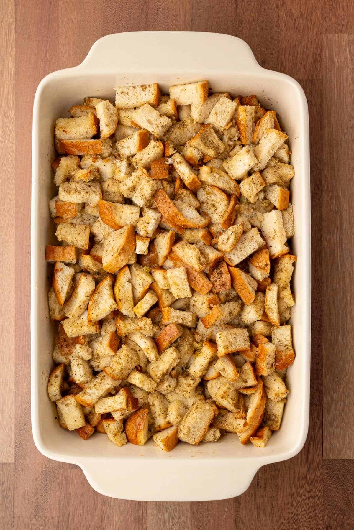 Golden brown traditional stuffing fresh from the oven with a crispy top and soft inside.