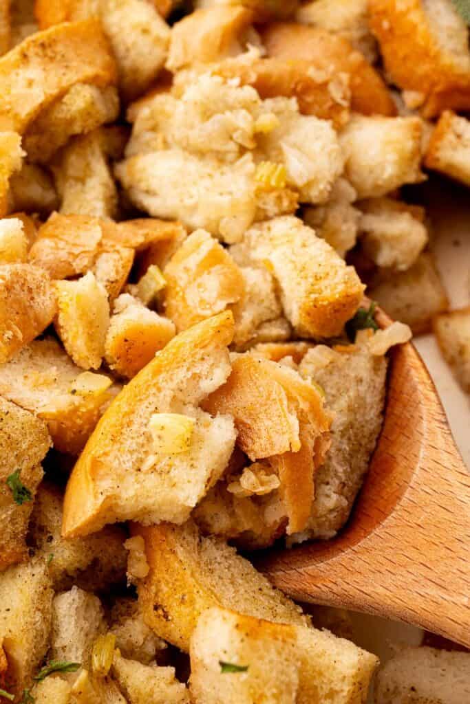 A serving of traditional stuffing for Thanksgiving and holiday dinners.