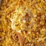 A serving of old fashioned tuna noodle casserole.