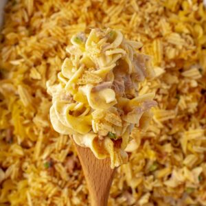 A serving of old fashioned tuna noodle casserole.