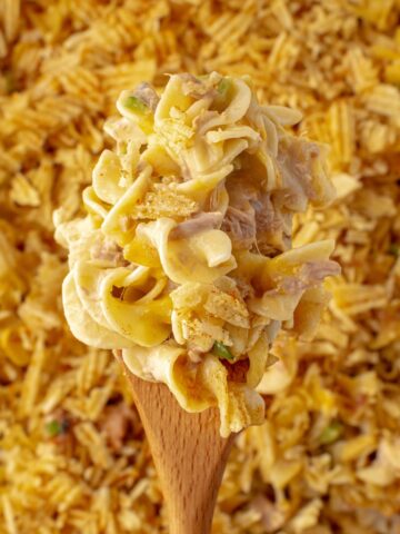 A serving of old fashioned tuna noodle casserole.