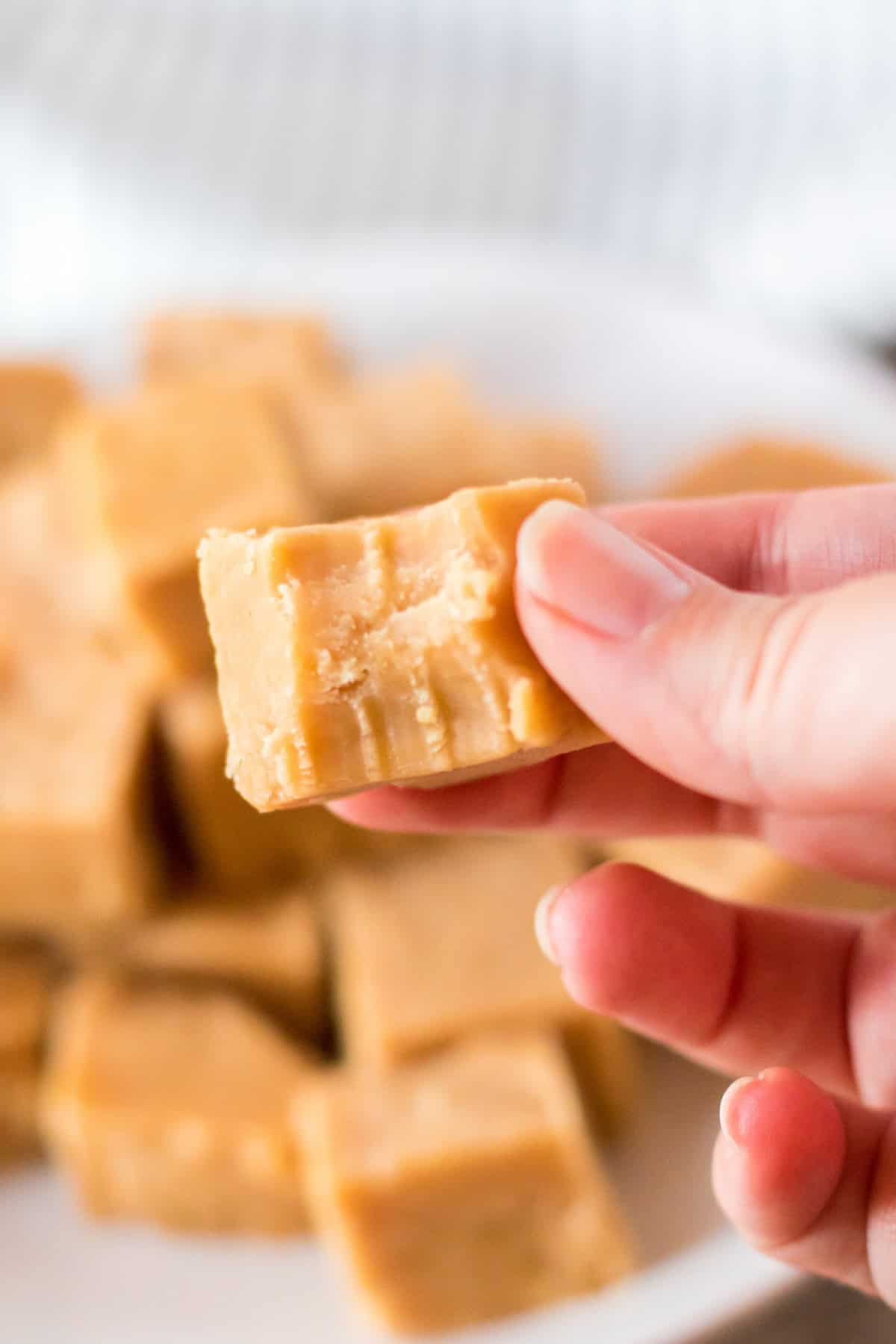Close-up of creamy peanut butter fudge piece showing smooth texture after chilling.
