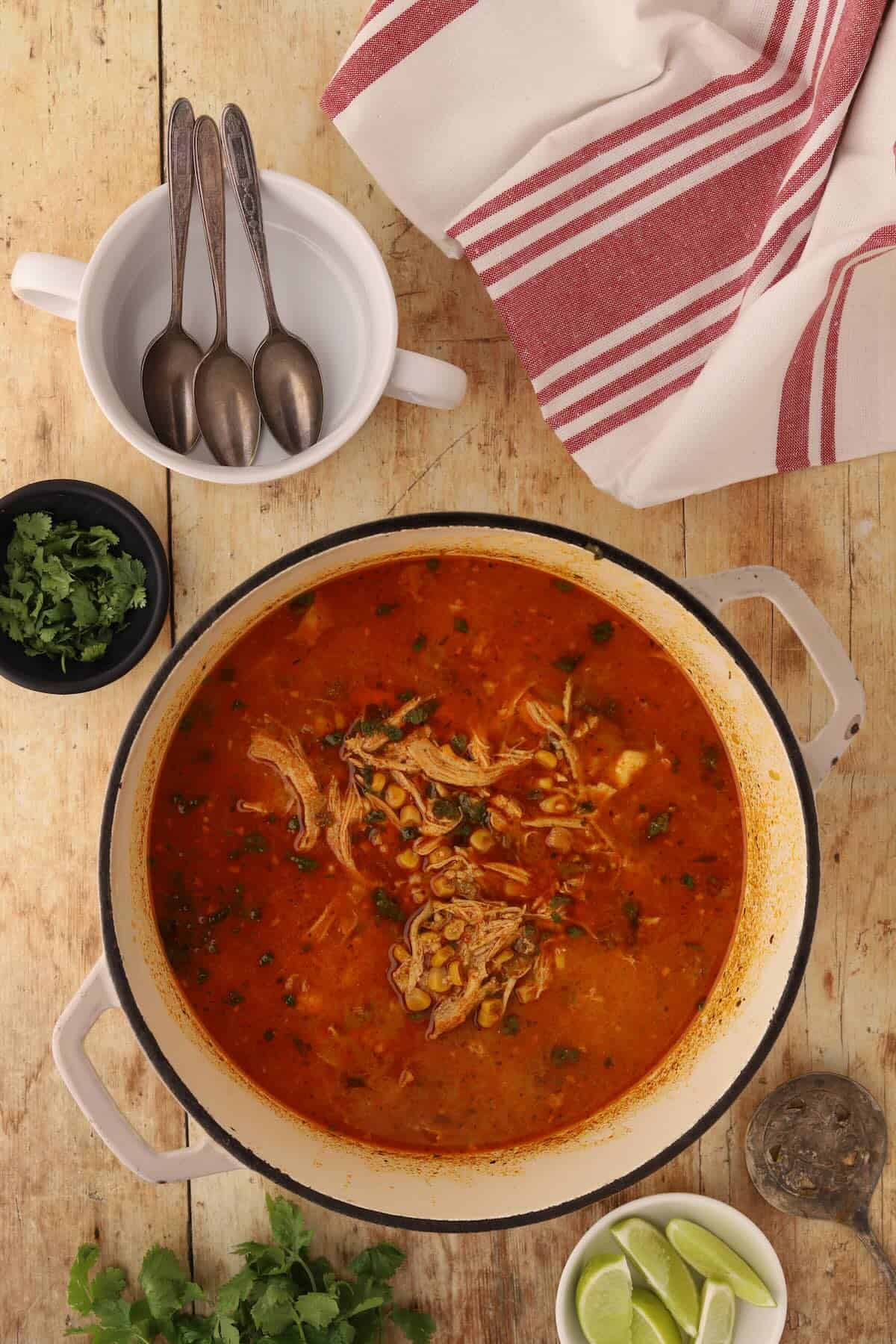 Finished hearty street corn soup, waiting to be served.
