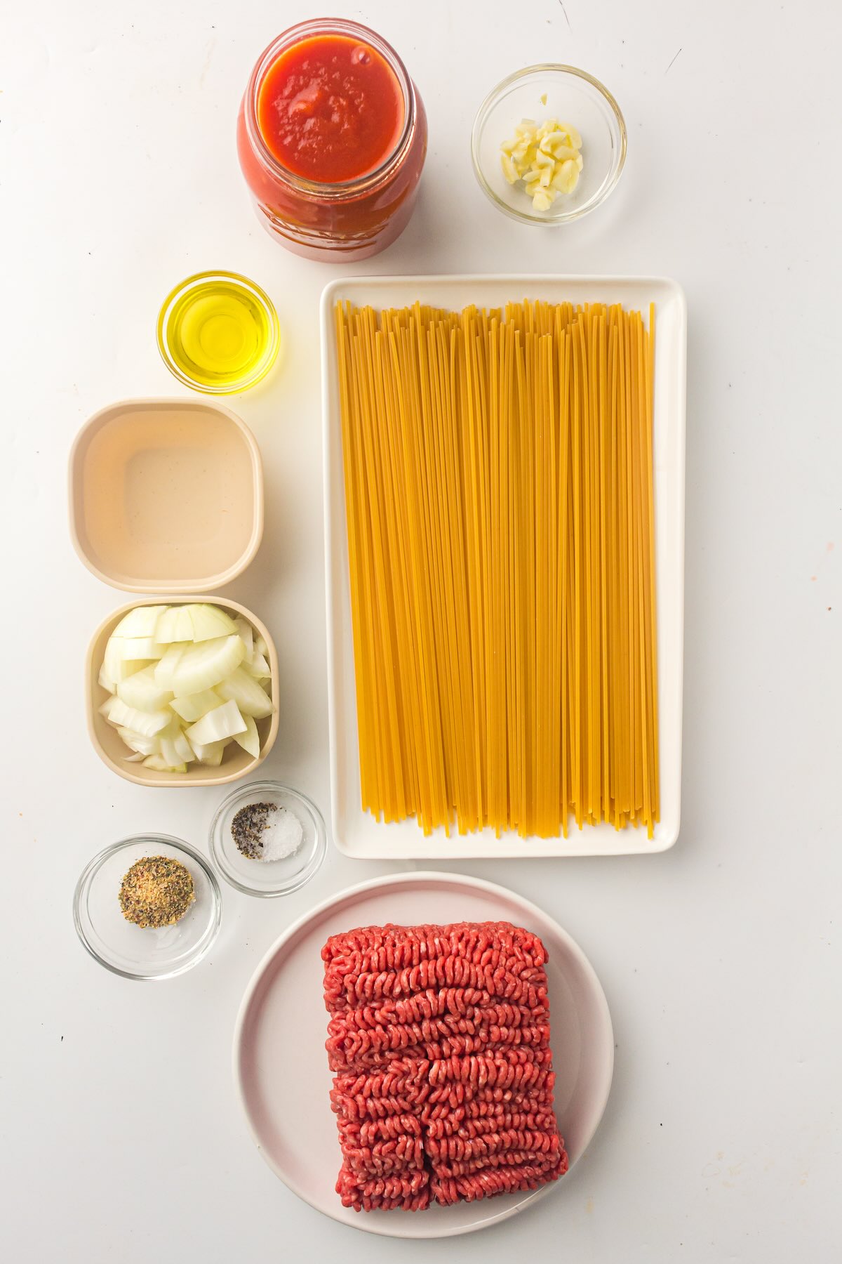 Ingredients to make spaghetti with meat sauce in the Instant Pot.
