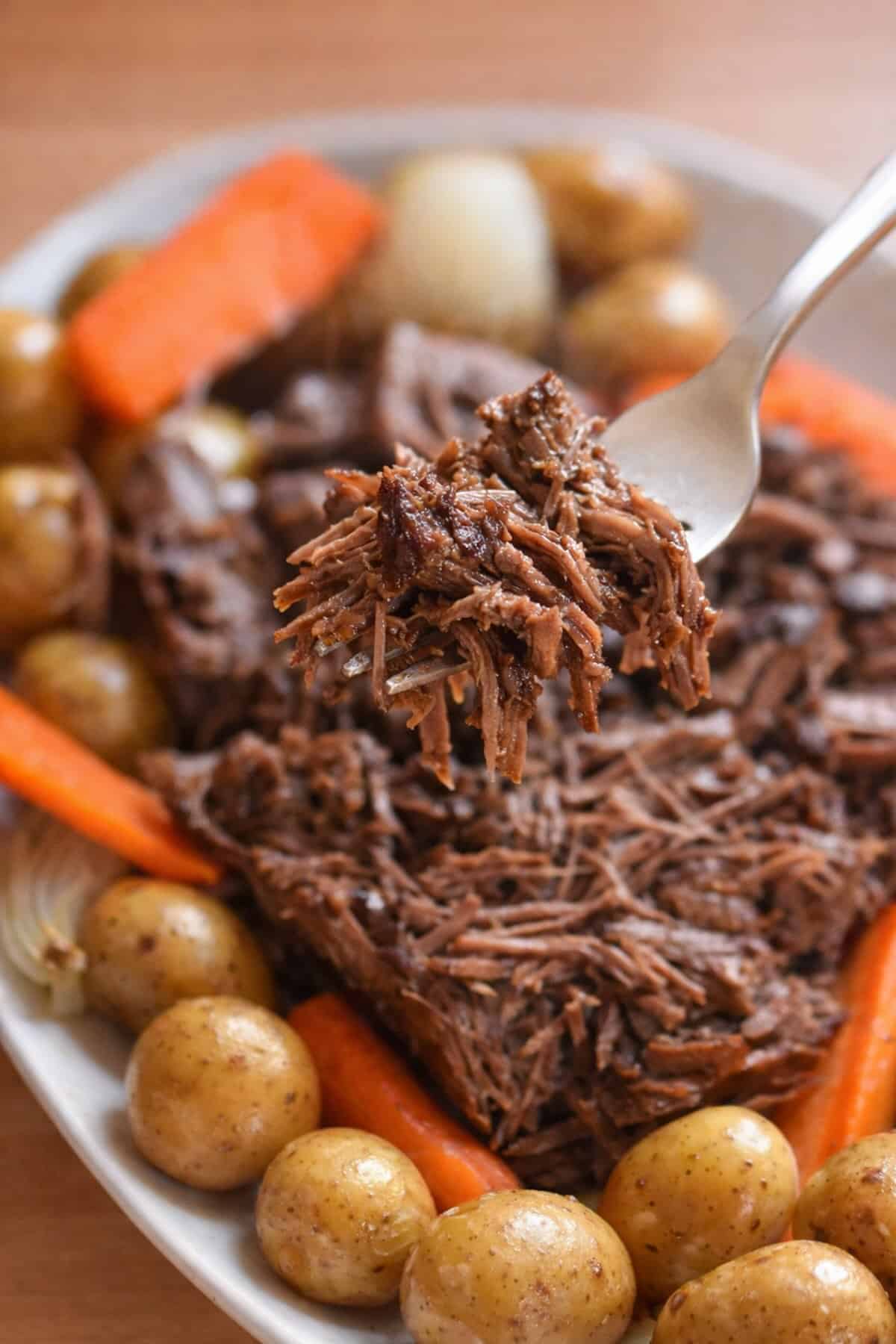 A fork showing shredded beef.