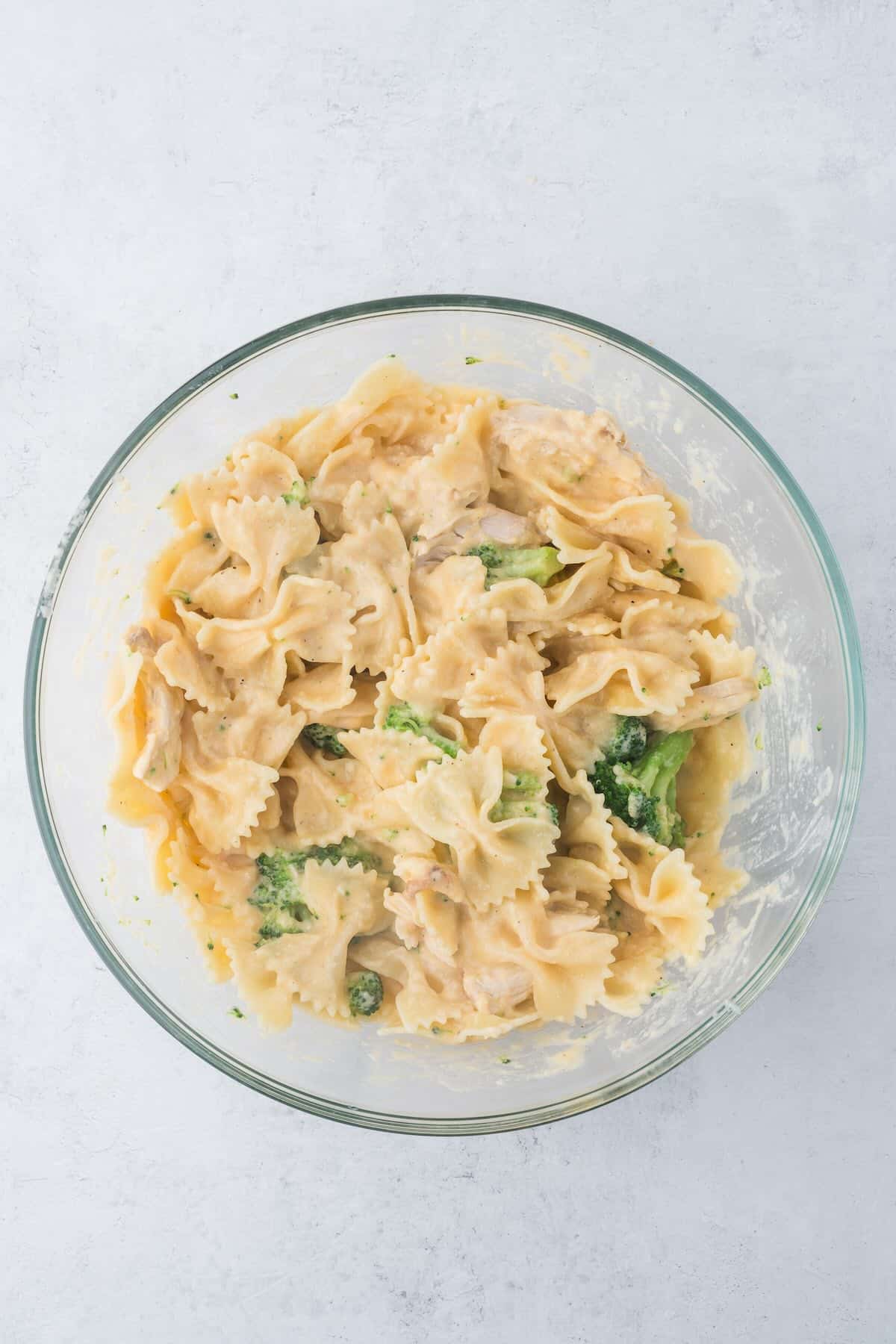 A large bowl with a mixture of bow tie pasta, blanched broccoli, cooked chicken and cheese sauce.