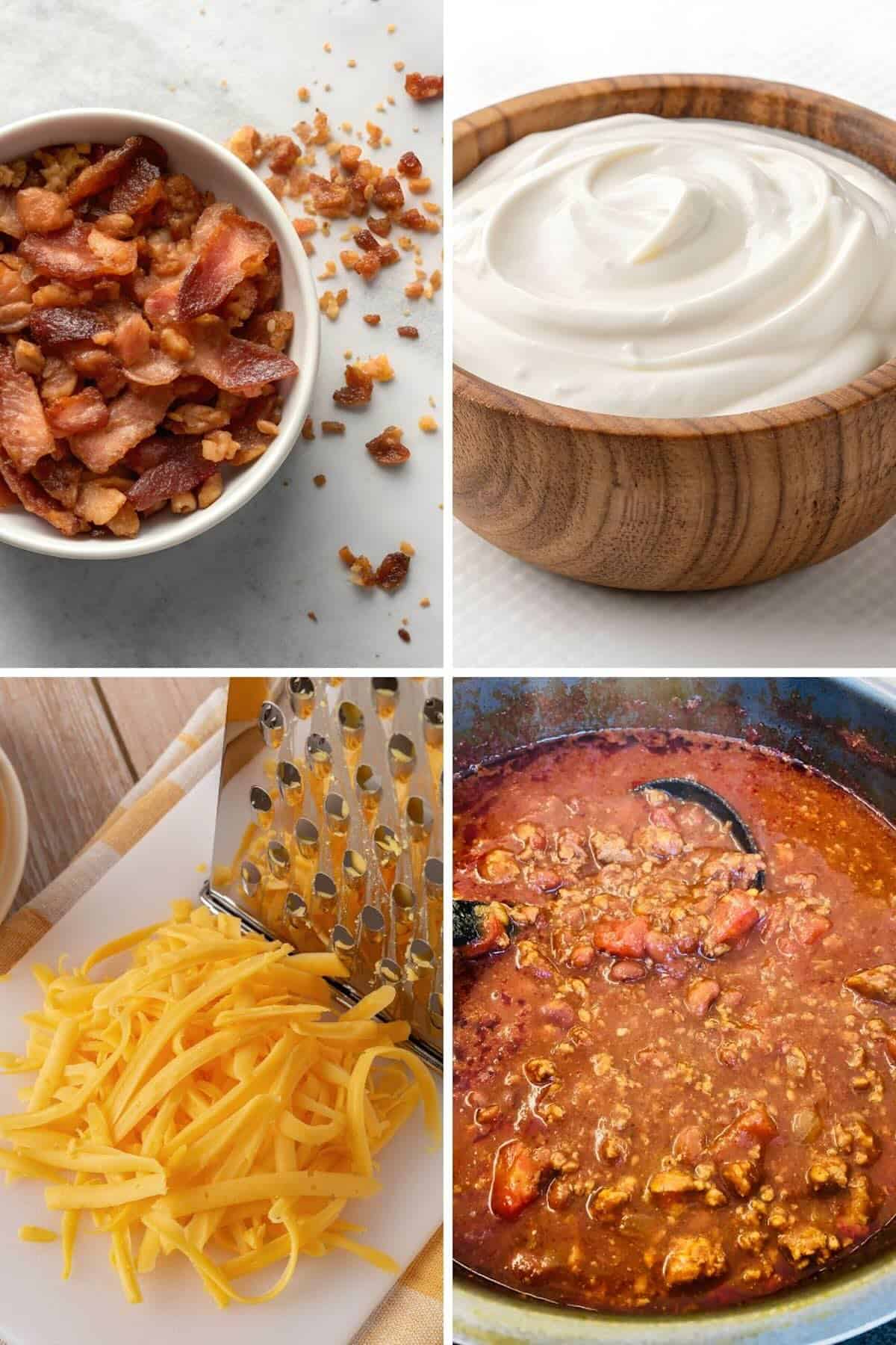 Cooked bacon, sour cream, shredded cheddar cheese and beef chili for serving with baked potatoes.