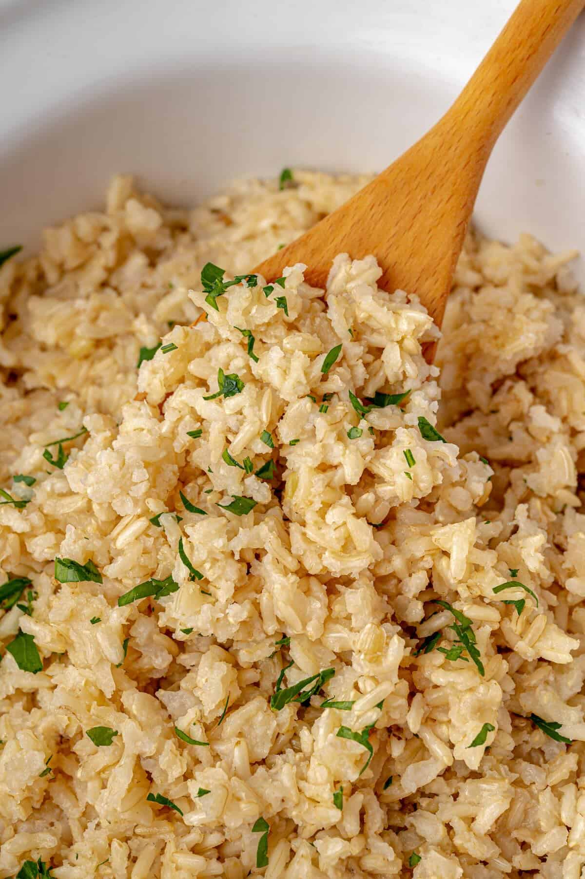 Close up of fluffy brown rice grains.
