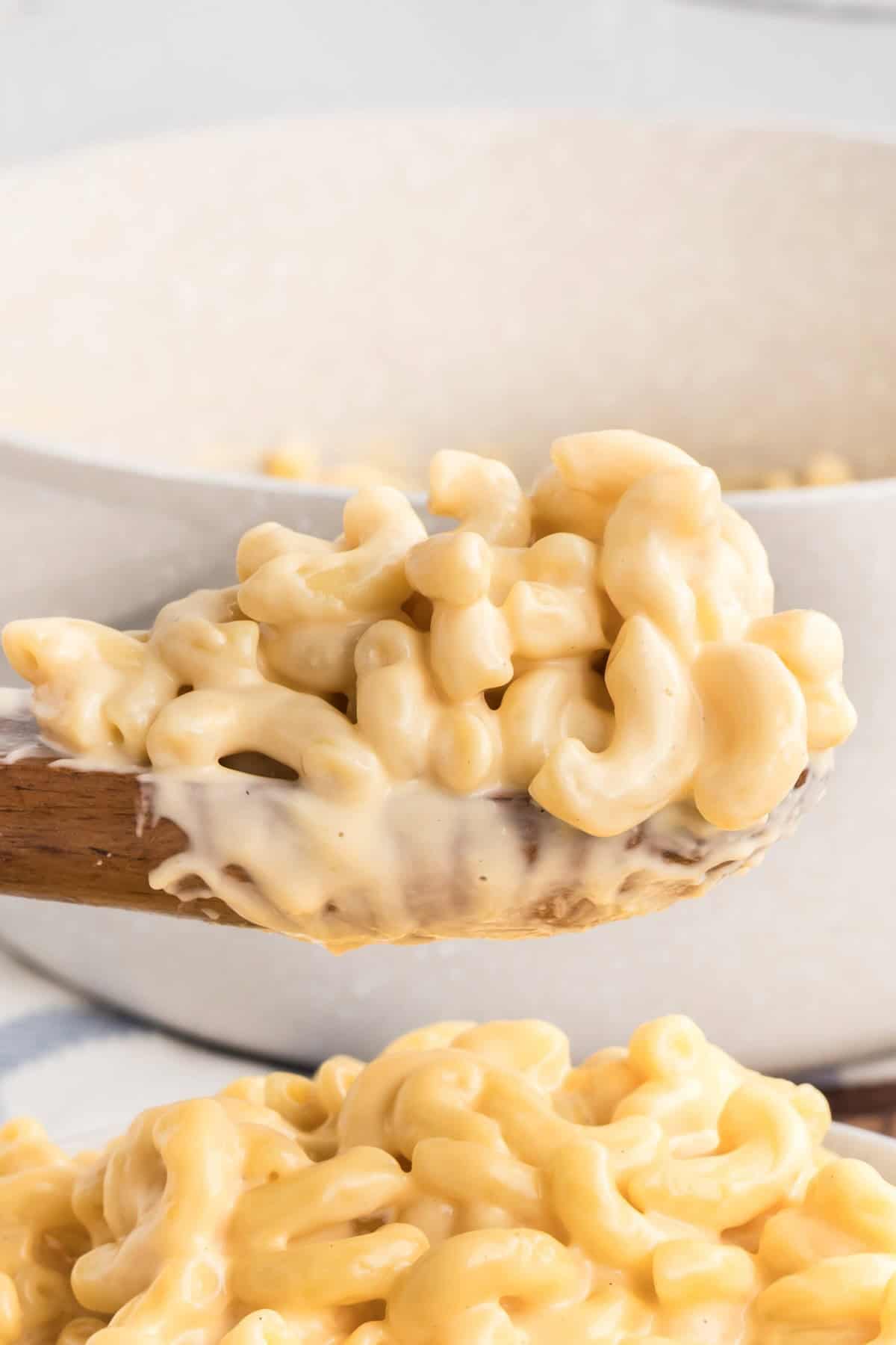 Finished extra creamy stovetop mac and cheese served warm.