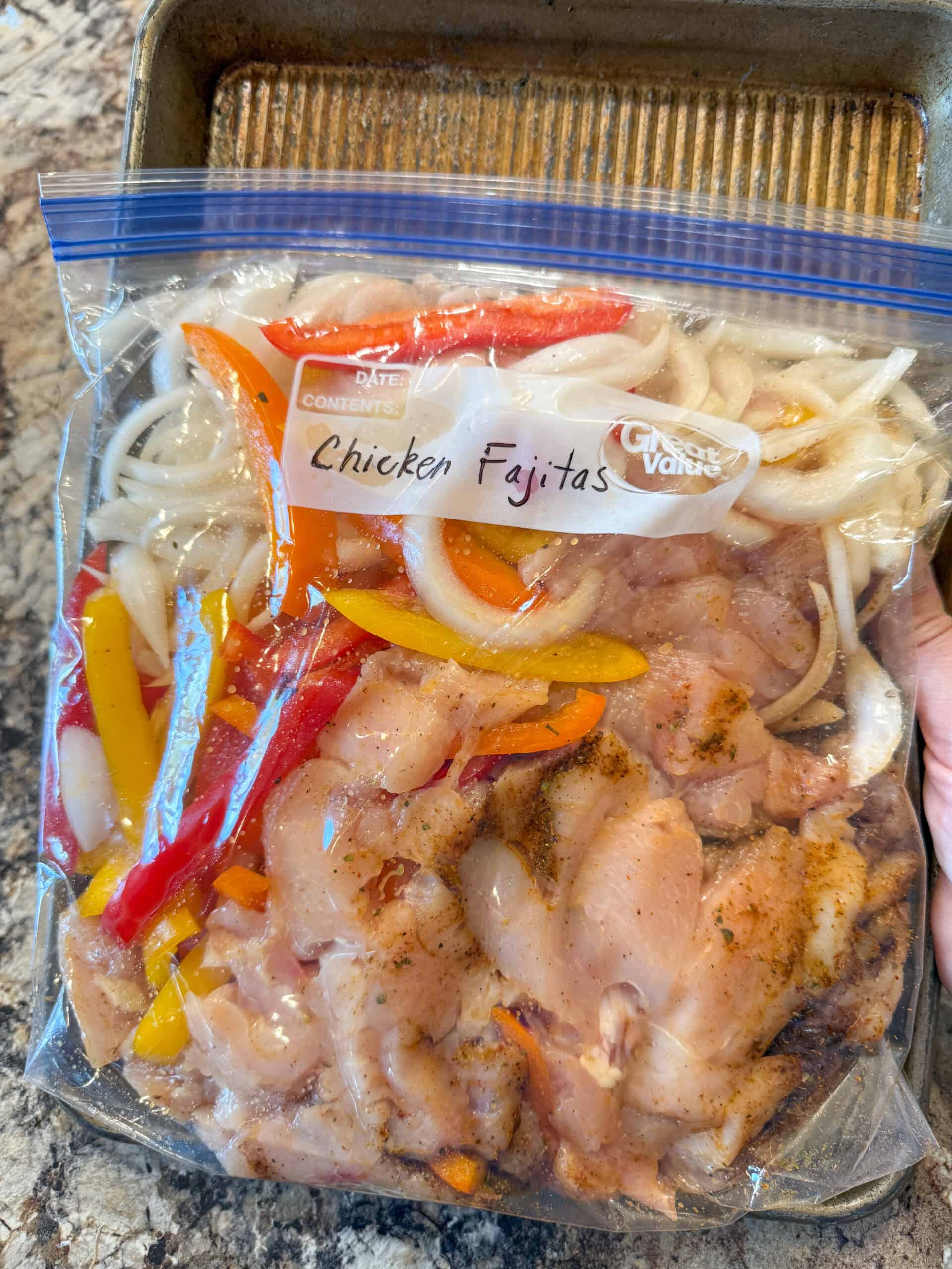 A bag of prepped chicken fajitas to make for dinner later.